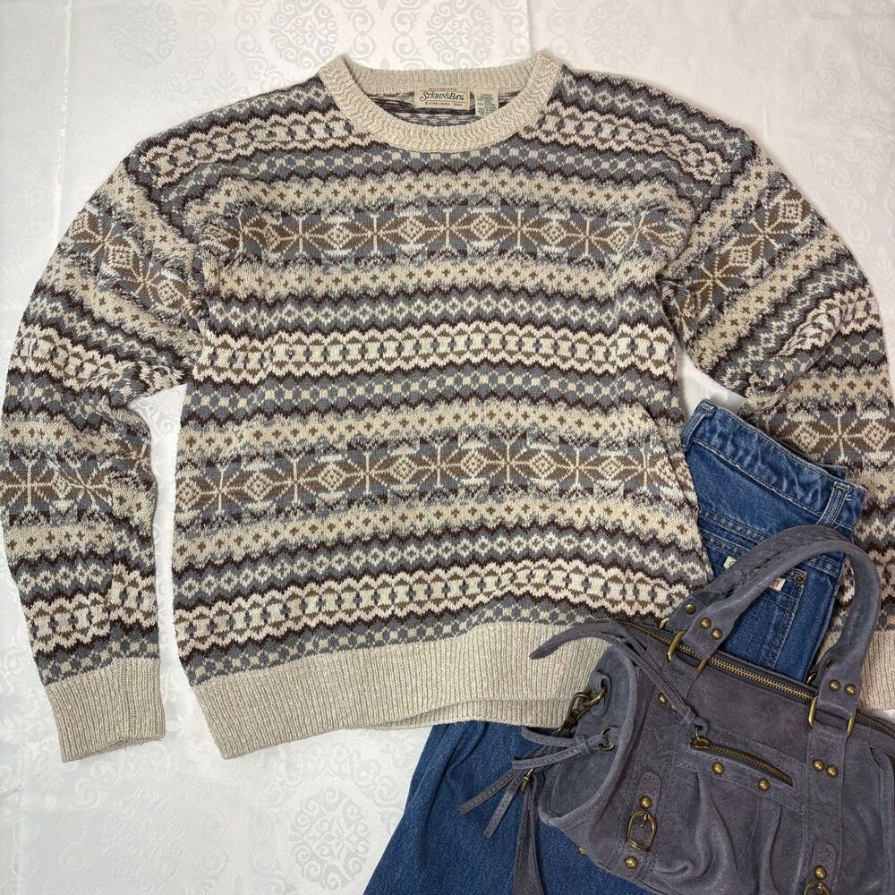 St Johns Bay Sweater Silk Cotton Fisherman Fair Isle Heritage Quality Size L